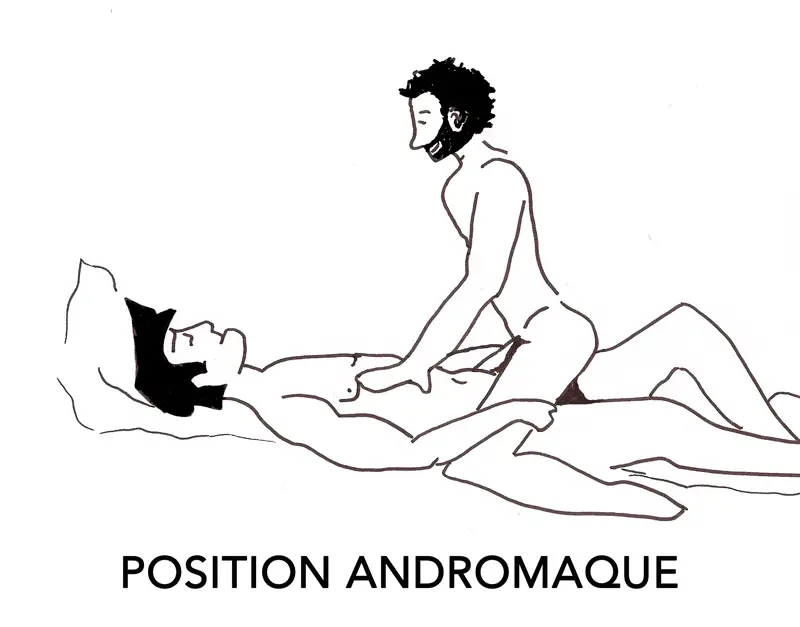 Illustration en noir et blanc de deux hommes qui pratique la position de l'andromaque. Un homme est allongé et un autre à califourchon assis sur son sexe